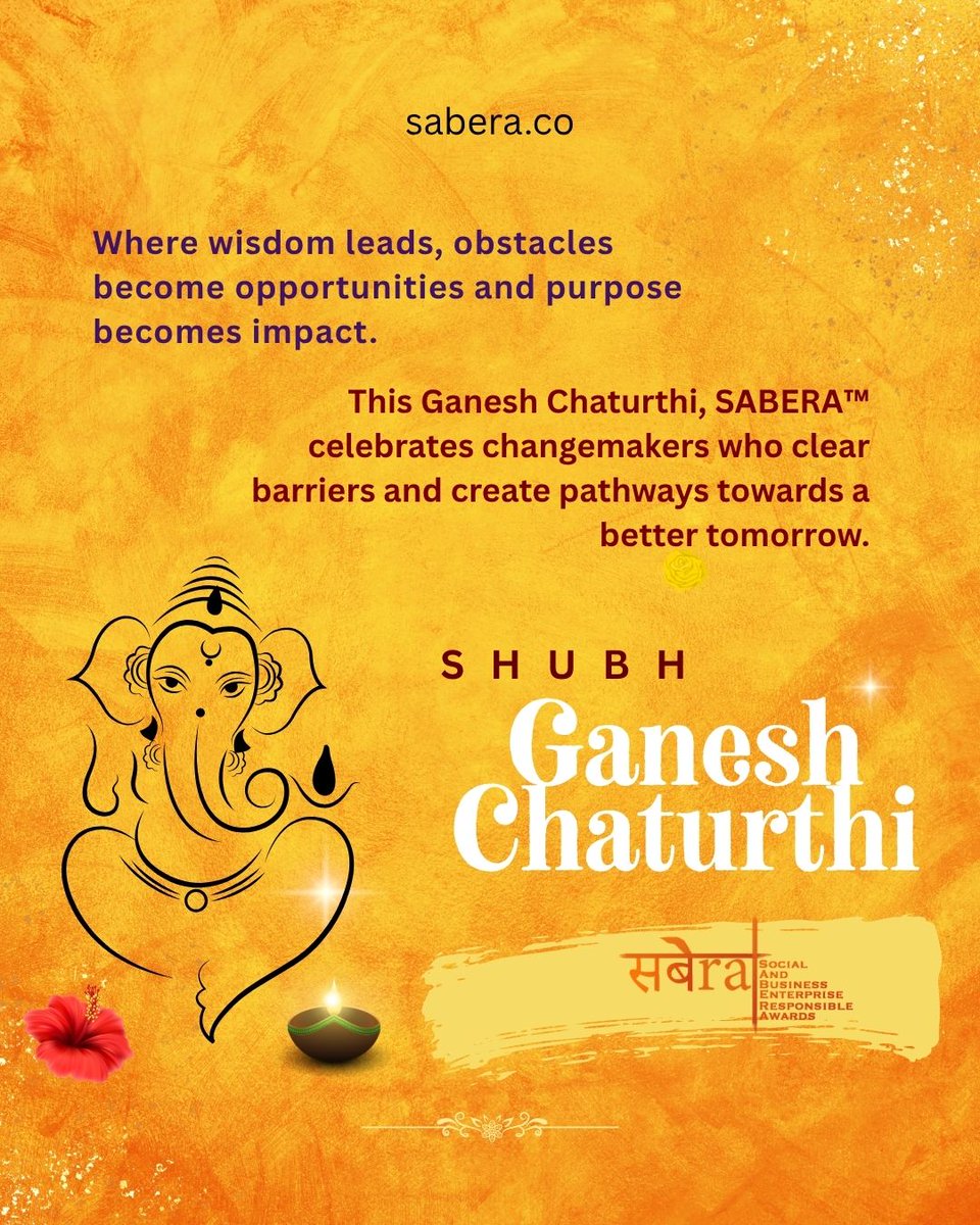 SABERA_awards's tweet photo. SABERA™ celebrates those who turn obstacles into opportunities and purpose into lasting impact.

This Ganesh Chaturthi, may wisdom continue to guide everyone towards a better tomorrow.

#GaneshChaturthi #GanpatiBappaMorya #HappyGaneshChaturthi #SABERA2026 #Awards #SABERA https://t.co/7SWjhaNdIW