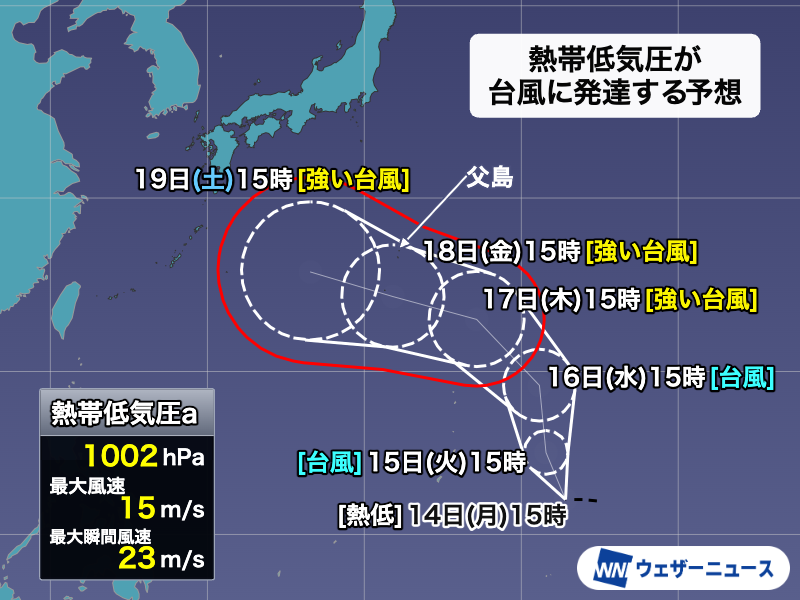 wni_jp's tweet photo. 【台風発生予想】
トラック諸島近海で発達中の熱帯低気圧について、気象庁は「24時間以内に台風に発達する見込み」と発表しました。
次に発生すると「台風25号」と呼ばれ、シルバーウィークの5連休に日本列島に近づく可能性もあるため、今後の進路に注意をしてください。
https://t.co/uWW8SMiXz5 https://t.co/TmdAiBTAWj