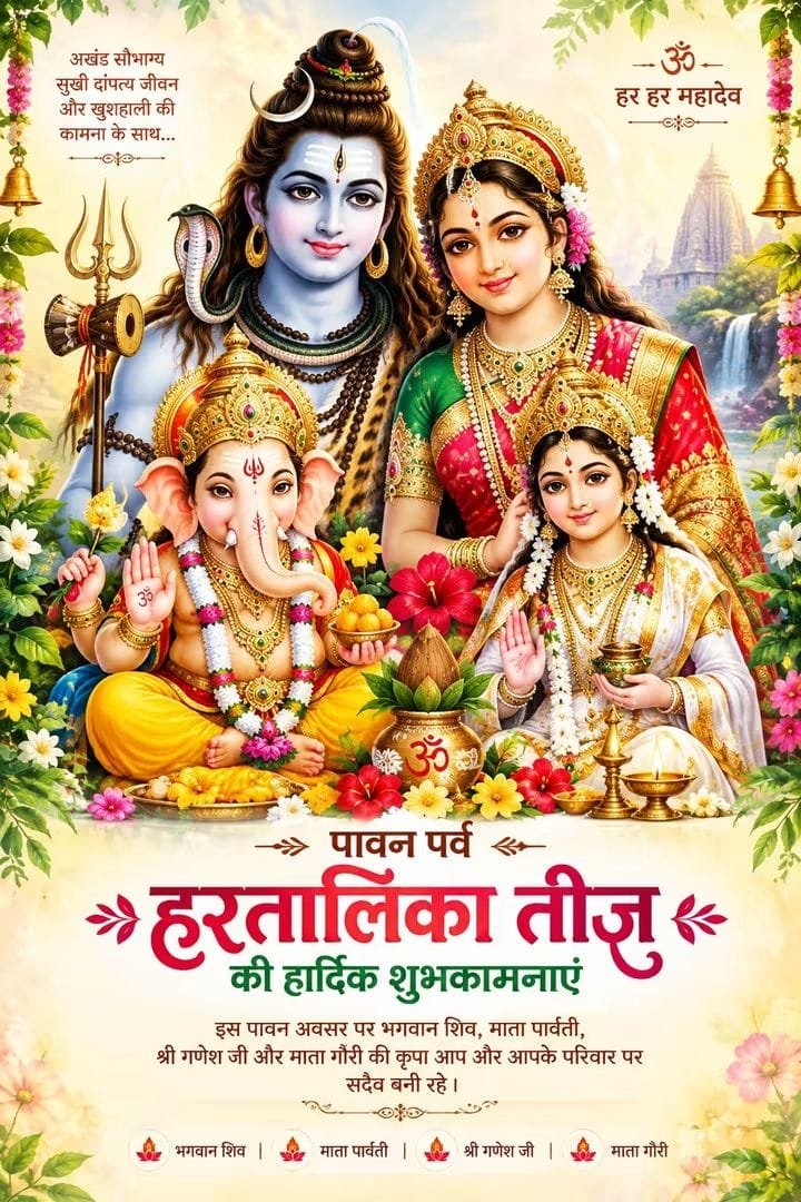 AmitSolanki08's tweet photo. आस्था और अखंड सौभाग्य का पर्व हरतालिका तीज की समस्त माताओं बहनो को हार्दिक बधाई और शुभकामनाएं।

शिव-पार्वती के पावन प्रेम और तपस्या का यह पर्व हर जीवन में सुख, शांति और समृद्धि लेकर आए।

#हरतालिका_तीज #तीज_पर्व  #हरहरमहादेव https://t.co/o0HmqaOtWw