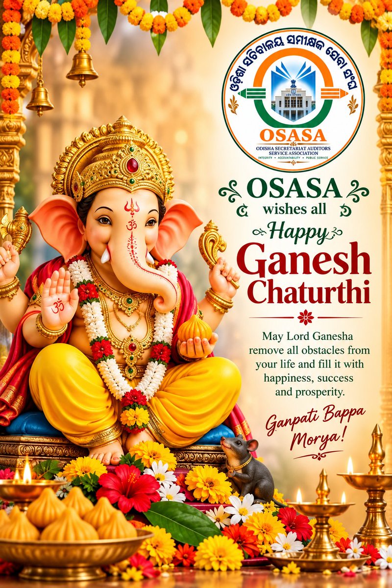 OSASA_Odisha24's tweet photo. Odisha Secretariat Auditors Service Association wishes everyone a Happy and Blessed Ganesh Puja! 🪔🌺
#OSASA
#commoncadreauditors https://t.co/IGDNcGGuz0