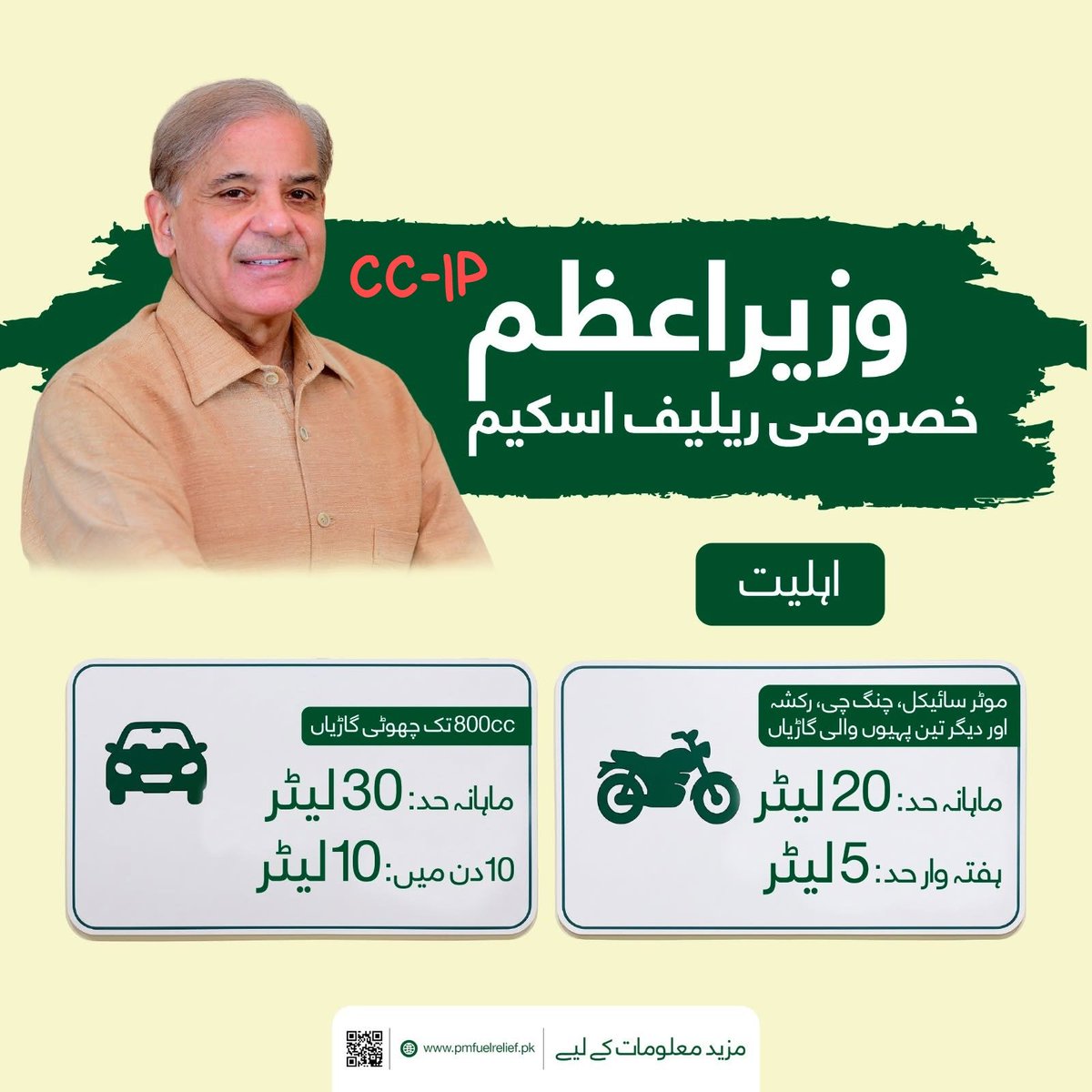 DsdDte's tweet photo. ⛽ *وزیراعظم کا خصوصی پٹرول ریلیف پیکیج 2026*
حکومتِ پاکستان نے *موٹر سائیکل، رکشہ، چنگ چی اور 800cc* تک کی چھوٹی گاڑیوں کے صارفین کے لیے *پٹرول پر 100 روپے فی لیٹر ریلیف* دینے کا اعلان کیا ہے۔ 

📌 *اہم تفصیلات:*

🔹 *موٹر سائیکل* ، رکشہ اور دیگر 2/3 وہیلرز:
ماہانہ زیادہ سے زیادہ 20 لیٹر پٹرول پر 100 روپے فی لیٹر ریلیف
➡️ زیادہ سے زیادہ ماہانہ بچت: 2,000 روپے

🔹 *800cc تک گاڑیاں* :
ماہانہ زیادہ سے زیادہ 30 لیٹر پٹرول پر 100 روپے فی لیٹر ریلیف
➡️ زیادہ سے زیادہ ماہانہ بچت: 3,000 روپے

📲 *رجسٹریشن کا طریقہ*

حکومت کی جانب سے جاری طریقہ کار کے مطابق رجسٹریشن SMS کے ذریعے 9771 پر کی جائے گی۔ 

*مرحلہ 1* — رجسٹریشن:
SMS میں یہ معلومات درج کرکے 9771 پر بھیجیں:

REG <CNIC> <Vehicle No> <Province Code> <Registration Date>

*مثال* :
REG 3520212345671 ABC123 P 15082022

📌 *صوبائی کوڈ* :
I = Islamabad
A = AJK
G = Gilgit-Baltistan
S = Sindh
P = Punjab
K = KPK
B = Balochistan

*مرحلہ 2* — فیول ٹوکن:
رجسٹریشن کے بعد TOK لکھ کر 9771 پر SMS کریں۔ 

⚠️ *اہم احتیاط* :
کسی غیر سرکاری ویب سائٹ یا مشکوک لنک پر اپنا CNIC، بینک اکاؤنٹ، OTP یا ذاتی معلومات درج نہ کریں۔ فی الحال دستیاب سرکاری طریقہ کار میں SMS نمبر 9771 نمایاں کیا گیا ہے۔