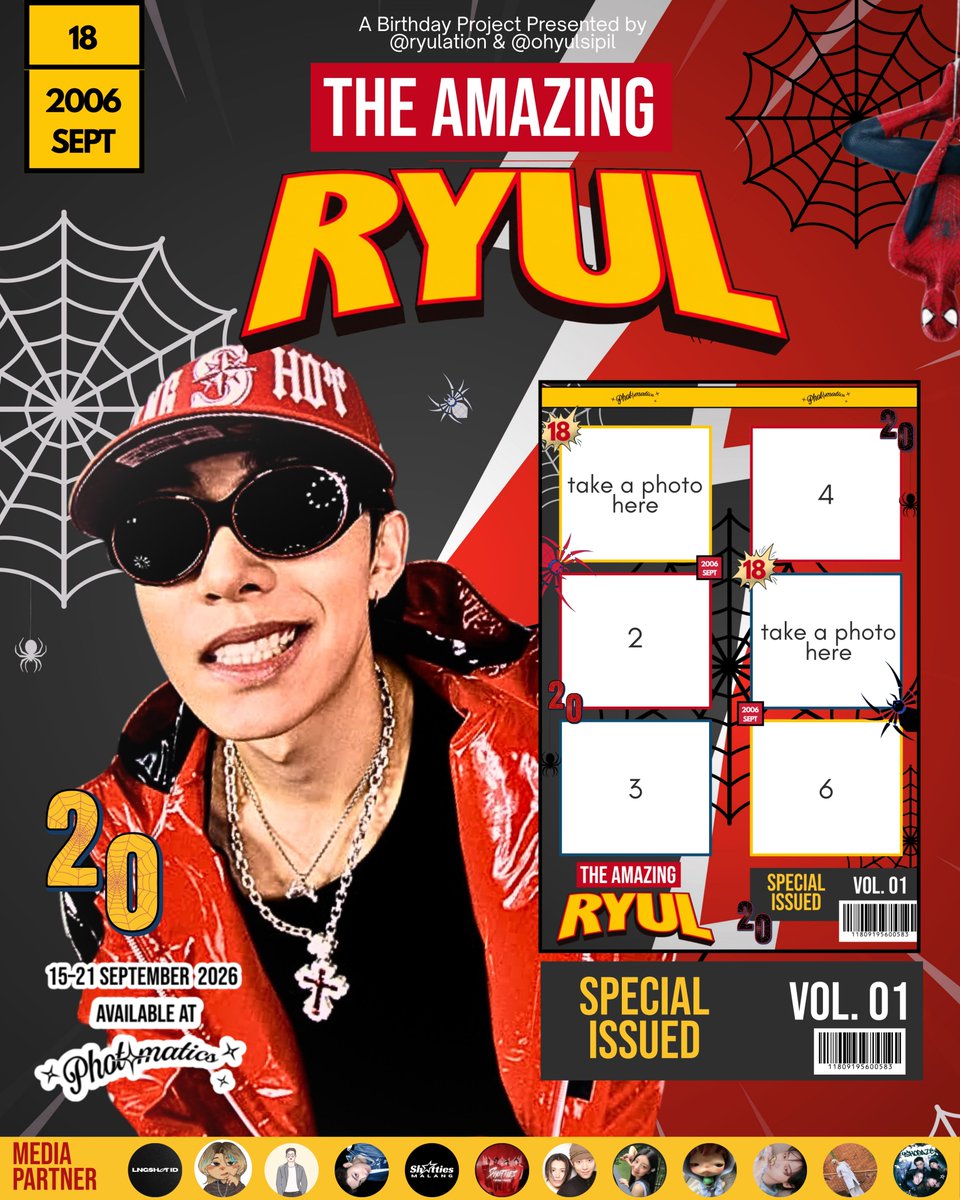 bicasaslly's tweet photo. 🕸️🕷️ THE AMAZING RYUL 🕷️🕸️

💭 Ryul’s 20th Birthday Frame Event
by @ryulation &amp; @ohyulsipil

Step into the panel and create your own page in Ryul’s story. 📸💥

🗓️ 15–21 September 2026
📍 Available at Photomatics

Don’t forget to tag us and use the tag:

#RYULISSUED20 #KIMRYUL https://t.co/Sx5nqwtmGr