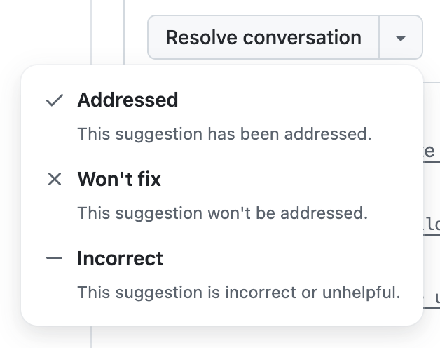 _Codito_'s tweet photo. I am wondering why this really nice #GitHub feature is available only for Copilot's review comments, not for regular users' comments 🤔. I really like it, it provides meaningful feedback. https://t.co/JzJE4WZfvt
