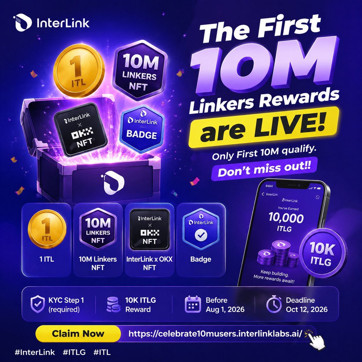 NexusPro3's tweet photo. 🚀 The biggest thank-you in InterLink history just dropped.

You were early. You believed. Now the First 10M Linkers Rewards are LIVE — 1 ITL, a 10M NFT, an OKX x InterLink NFT &amp; badge.

Only the first 10M own these.

Oct 12, 2026
👉 https://t.co/dVq9sl2ZKu

#InterLink #ITL #ITLG https://t.co/hpPvbC8e4D