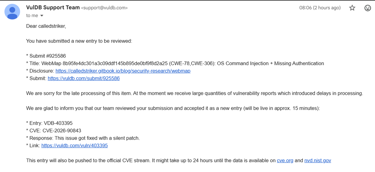 CalledSTRIKER's tweet photo. الحمدلله الذي بنعمته تتم الصالحات

Excited to share that I have been assigned CVE-2026-90843 (CVSS 8.3) for uncovering a critical vulnerability in WebMap.

Technical writeup and PoC are available here:

https://t.co/DGGz4xJp02 https://t.co/ne7iTPnWKM