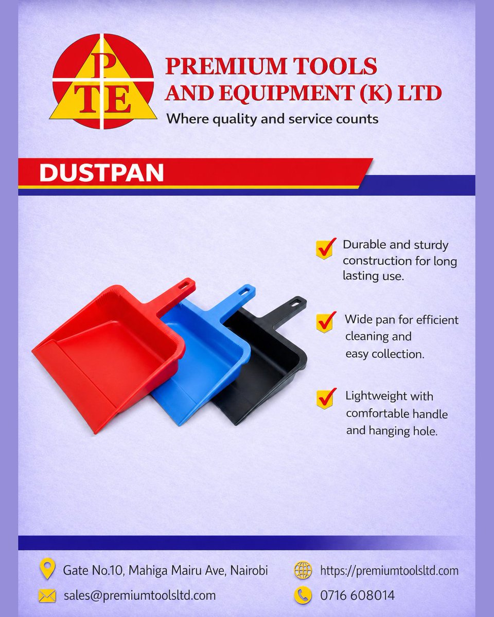 premiumtoolsltd's tweet photo. KEEP YOUR SPACE CLEAN &amp; TIDY!
Available in assorted colours! 0716 608014

 #DustPan #CleaningTools #CleaningSupplies #HomeCleaning #OfficeCleaning #CleaningEssentials #HouseholdEssentials #KeepItClean #CleanAndTidy #PlasticDustPan #ShopWithUs#CommercialCleaning #HomeEssentials https://t.co/UdDTTh7Dag