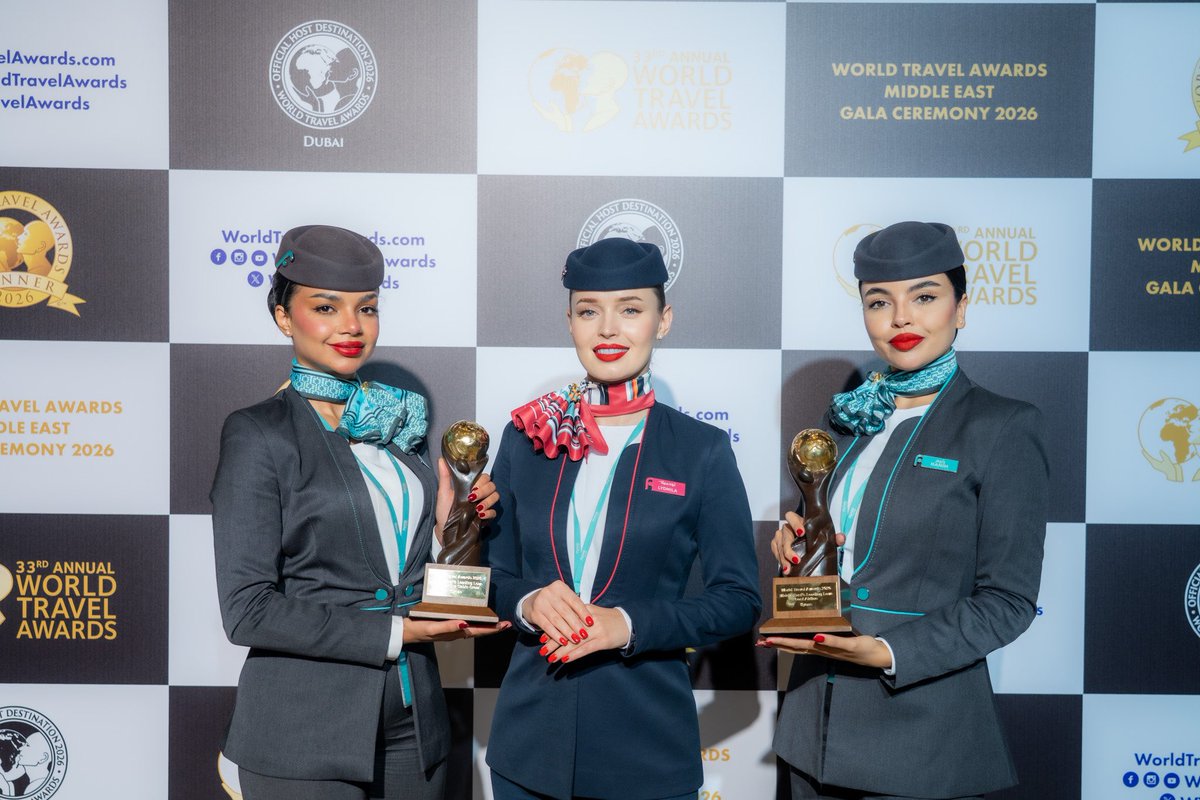 flynas's tweet photo. We are proud to be named the Middle East’s Leading Low-Cost Airline for 2026 at the World Travel Awards, alongside being recognized as the Middle East’s Leading Low-Cost Airline Cabin Crew. 🏆✈️
#flynas https://t.co/J1rpKTZ9cA