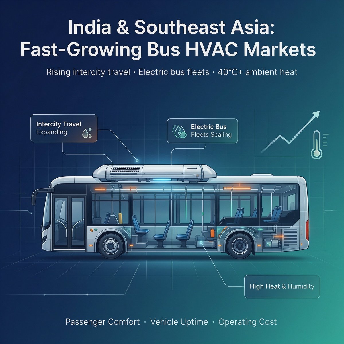 taichangyoaapt's tweet photo. 45°C heat. Scaling e-bus fleets. 8–12m coaches. The right rooftop bus AC = uptime + range. Match cooling capacity, DC 420–720V, R410A &amp; FRP housing for hot, humid routes. Full framework 👇 #BusAC #ElectricBus #HVAC #FleetTech #SEAsia https://t.co/YnUm9wwlcm