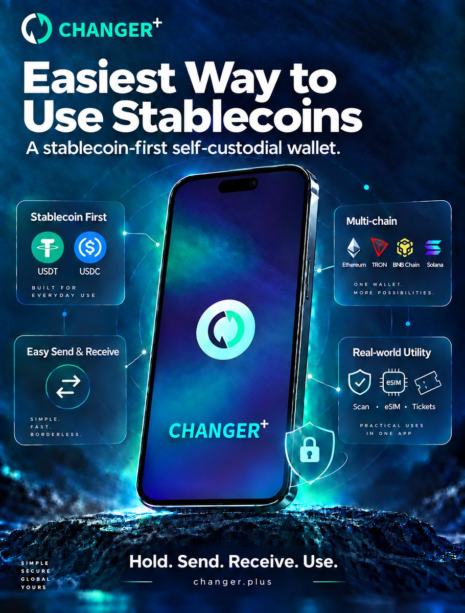 Changer_Plus's tweet photo. Meet Changer+ — the stablecoin-first, self-custodial wallet designed to make stablecoins easier to use.

Hold. Send. Receive.

Use USDT and USDC across multiple chains—while staying in control.

This is just the beginning. Follow us for more product previews.

#Stablecoins #SelfCustody #Decentralized Wallet