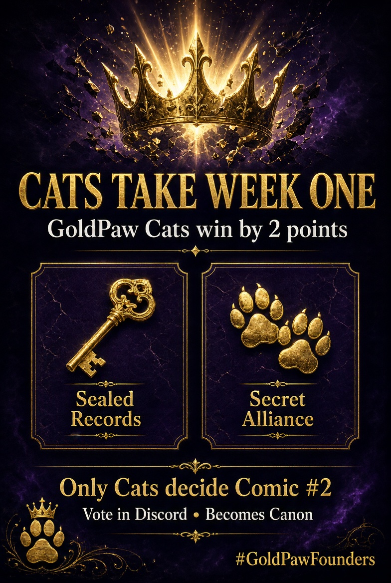 haven_web3's tweet photo. 👑 CATS TAKE WEEK ONE 
GoldPaw Cats win by 2 points.  
Bonefang pushed hard, we pushed harder.
Now the we decide Comic #2:

🔑 Sealed Records  
or  
🤝 Secret Alliance
Vote in Discord: https://t.co/PyGMH32CIx

🐱 GoldPaw Cats — Week One Champions  
#GoldPawFounders https://t.co/Uftwj3kvzT