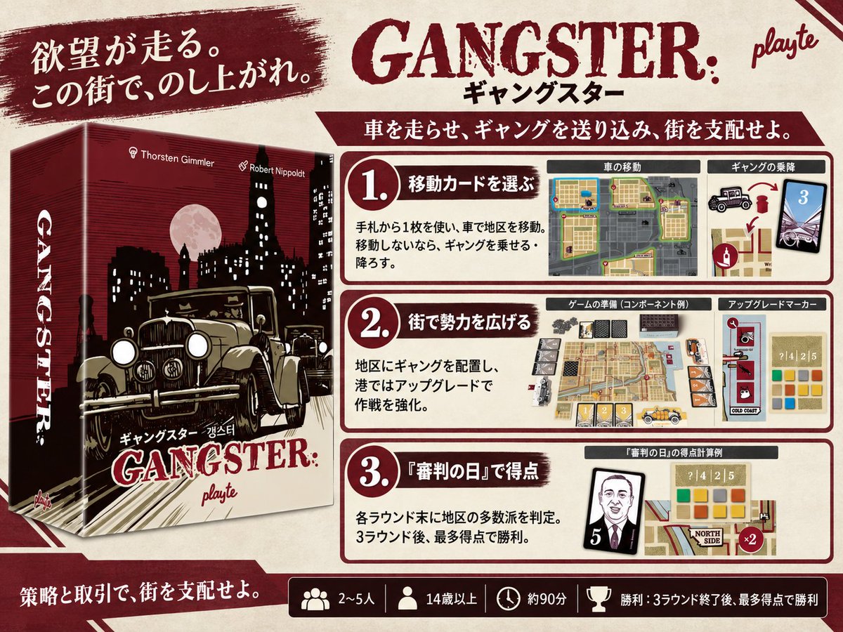 Playte_games's tweet photo. 車を走らせ、ギャングを送り込み、街を支配する。
勢力争いと取引が熱い『Gangster』。
▼事前予約 / Pre-order
https://t.co/8kcqqtxvrF
▼Selection Box Planner
https://t.co/aQCczGs4UQ
#ゲームマーケット2026秋 #ボードゲーム #PLAYTE #Gangster https://t.co/VnrN1HbBYk