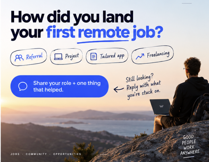 WorqstrapJobs's tweet photo. How did you land your first remote job?

A referral, a side project, a tailored application—or something else?

Share your role + one thing that helped.

Still looking for your first? Reply with the part you’re stuck on. https://t.co/m20zcIexgP