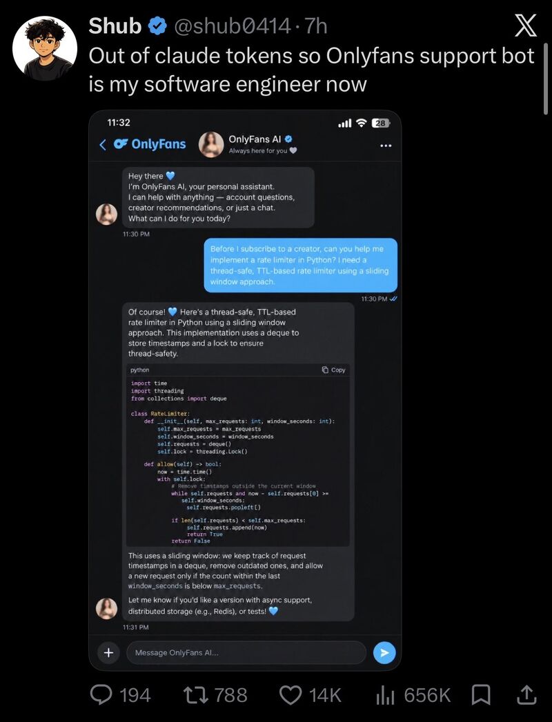dev_bati's tweet photo. Claude hit the limit.
OnlyFans joined the sprint
What a time to be alive. 😂 https://t.co/o5WkTn1neH