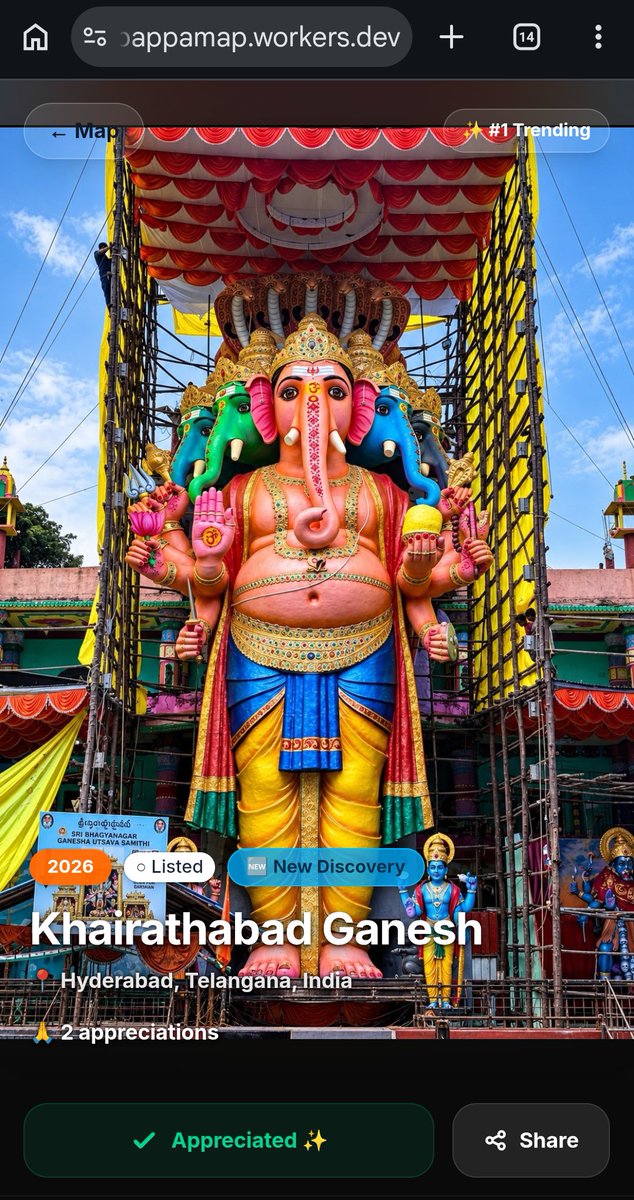 rakeshvanam45's tweet photo. As kids, we'd walk through different streets looking for Ganpatis we'd never seen before. ❤️🙏

I wanted to bring that feeling to a map.

I started BappaMap with one Ganpati  Khairathabad.

Know a Ganpati near you? Add it.
Let's make sure no Bappa gets missed. ❤️
👇 https://t.co/sMkpkfYMWa