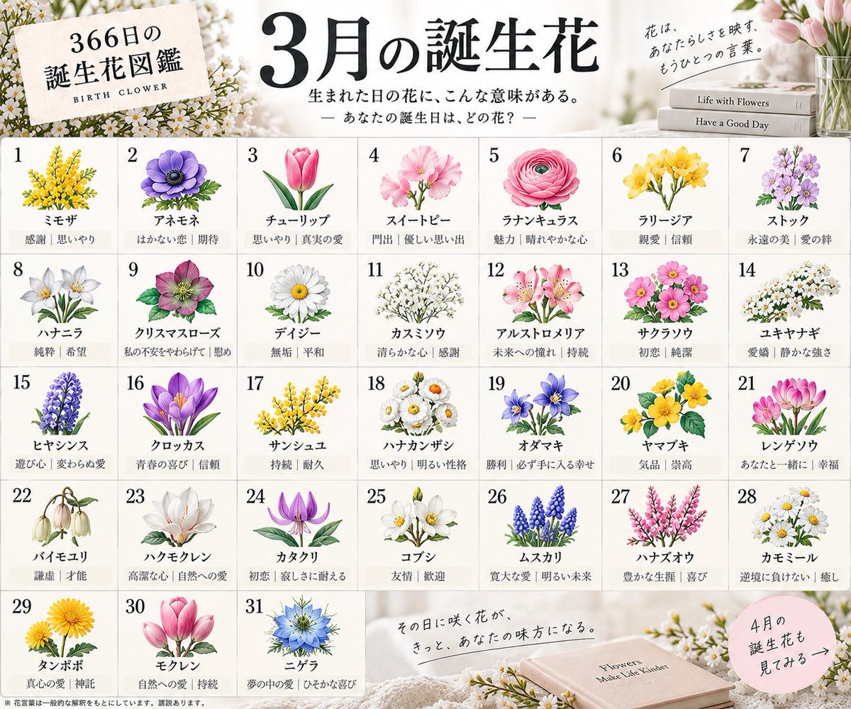 waka_skincare's tweet photo. 誕生日って、366日それぞれに「花」があるの知ってた？

自分の誕生花を見つけたら、
花言葉までちょっと自分っぽくて面白い。

気づいたら家族とか好きな人の誕生日まで探してた。
あなたは何の花だった？🌷
5月からはツリーへ👇 https://t.co/ZOV8jmE27X