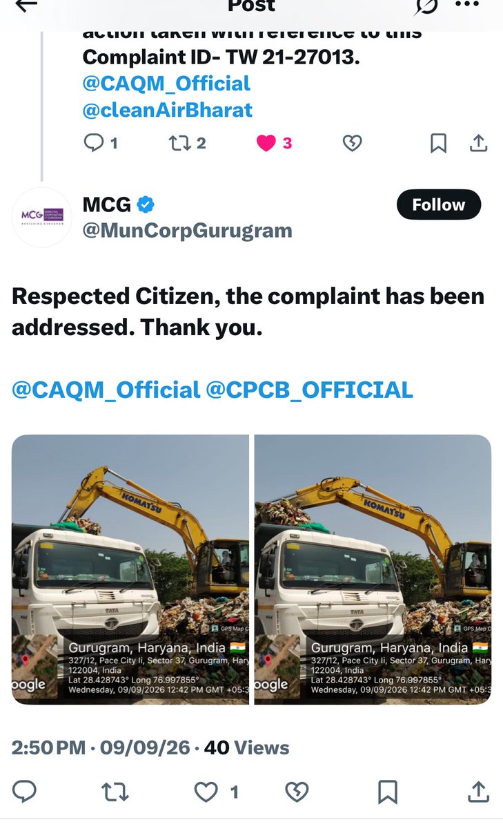 cleanAirBharat's tweet photo. CPCB complaint raised. MCG said it was “addressed.”

But please look at Khandsa today.

An established Secondary Collection Point has become a mini-landfill in the heart of the community ~20 m high and spread over 300–400 m, with fresh + rotting mixed waste.

50 m from a Govt school. ~100 m from Khandsa Mandi.

Waste from 3 zones is reportedly coming here, while there is a shortage of vehicles to move it out.

Cows feeding on garbage. Dogs scavenging. Vultures circling overhead. No visible vector-control mechanism.

And winter is approaching.

Khandsa has already seen a major waste fire in June, requiring 250+ fire tenders. What happens when this enormous mixed-waste mountain dries out?

An SCP cannot become a landfill simply because the system cannot move the waste fast enough.

People pay for waste collection. After collection, where does it go?

Where is the segregation? Where is the wet-waste processing? Where is dry-waste recovery?

@MunCorpGurugram @cpcb_official @HSPCBOfficial @CAQM_Official
@csharyana @cmohry @RaoNarbir @VipulGoelBJP @moefcc @MoHUA_India @ArtiSinghRao @PrinSciAdvGoI 

@ulbharyana please :

Prioritize Public Health
Follow Govt. SWM Rules.
Gurugram deserves better.

#Khandsa #Gurugram #WasteManagement #PublicHealth #SWMRules #FireSafety #Haryana