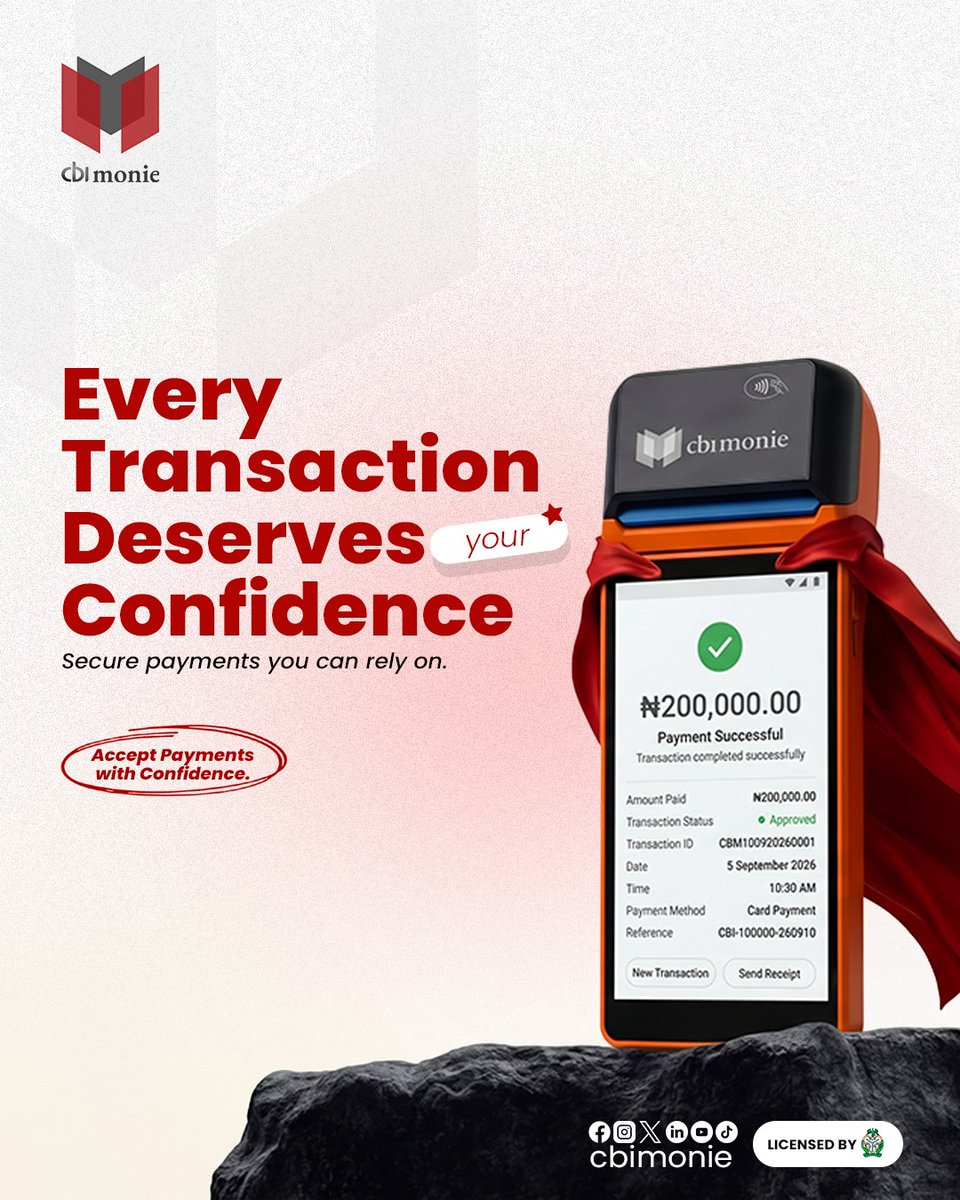 CbiMonie's tweet photo. Every transaction deserves your confidence.

Accept payments securely and give your customers a smooth payment experience with CBI Monie POS.

Secure payments you can rely on.

#CBIMonie #SecurePayments #POS https://t.co/HMiIa1ndfi