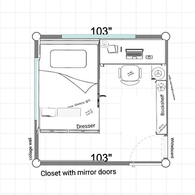 SkettiKidd's tweet photo. @Synissent @AuriBlooms Mine's similar, though she could also replace the dresser with under-bed storage (or fit under). Bookshelf can move to dresser spot, falling object isn't ideal esp if she's bringing cute girls over. Mirrored for shelves maybe? rip nightstand, get desk organizer? Throw in a mat :) https://t.co/FPuLf3vOQU