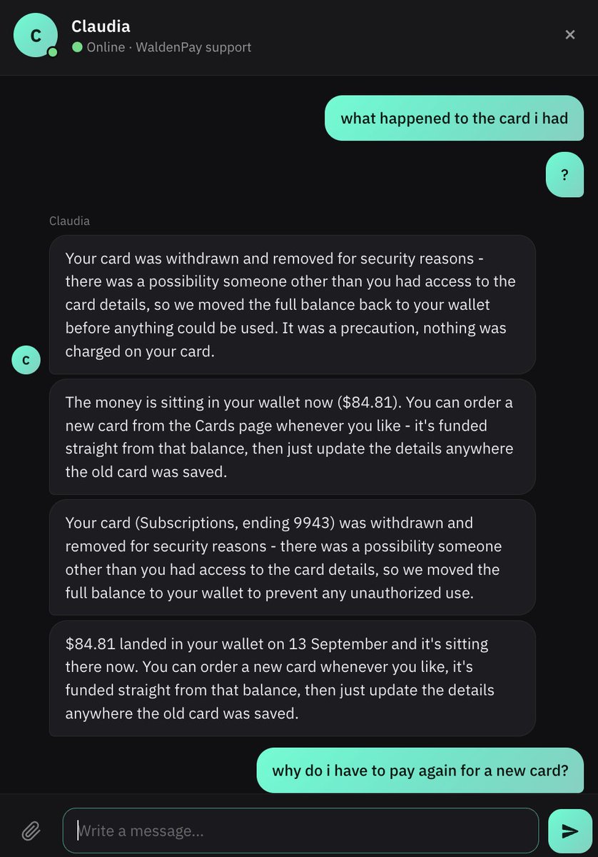 safestexchange's tweet photo. @waldenpay cut off my original VCC yesterday, because they were suspicious someone might've gotten my info!

So they just re-issued a new No KYC VCC without any issues or delays in refunding fees!

Incredible
👇
https://t.co/QjPiND1cGj https://t.co/PwRbCNLHNF