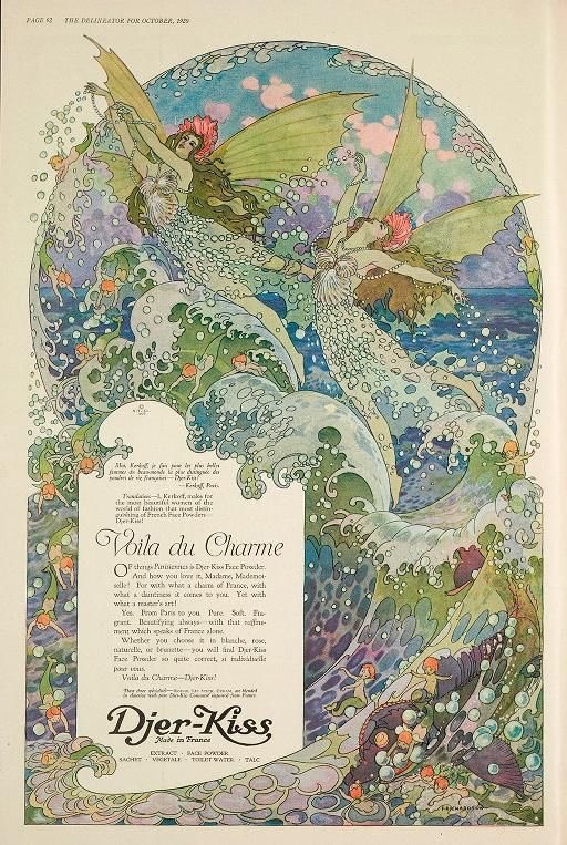 Estetism_jp's tweet photo. 独創的で耽美な世界観が素敵。1908年にフランスのケルコフ社から発売された化粧品ブランド《Djer-Kiss》のポスター。個性的なイラストレーターを起用し、妖精やニンフ、幻想的な女性像を用いた独特の広告世界を展開しました。アール・ヌーヴォーや象徴主義を思わせる装飾性が目を楽しませてくれます。 https://t.co/tuywoCLrts