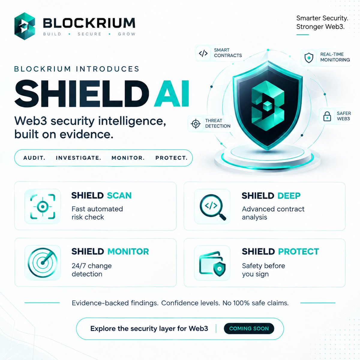 Blockrium's tweet photo. 🛡️ Security in Web3 needs evidence, not promises.
Introducing Blockrium Shield AI: Audit. Investigate. Monitor. Protect. Built to bring smarter, evidence-backed security intelligence to Web3. 🚀
Coming Soon.
#Blockrium #ShieldAI #Web3Security #Cybersecurity #Blockchain #AI #DeFi