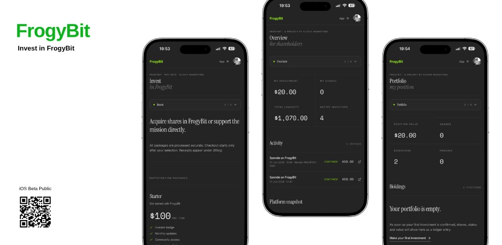 FrogyBit_io's tweet photo. To the people who backed FrogyBit early: thank you. You came in when there was nothing to see but a beta and a guy shipping daily.

The investor section is in the app under Settings → Investment — the tiers, the on-chain data, the memos. All of it readable before you decide anything.

Still early. Still building.