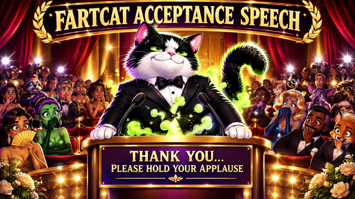 REALFARTCAT's tweet photo. the award for the most unforgettable performance goes to… FartCat. 🏆💨🐈
The tuxedo is sharp.
The speech is legendary.
The smell is impossible to contain.

Thank you to the academy.
Please hold your applause.

#FartCat #MemeCoin #Solana #PumpFun #CryptoMemes #Web3 #MemeSeason https://t.co/puhKwh2laR