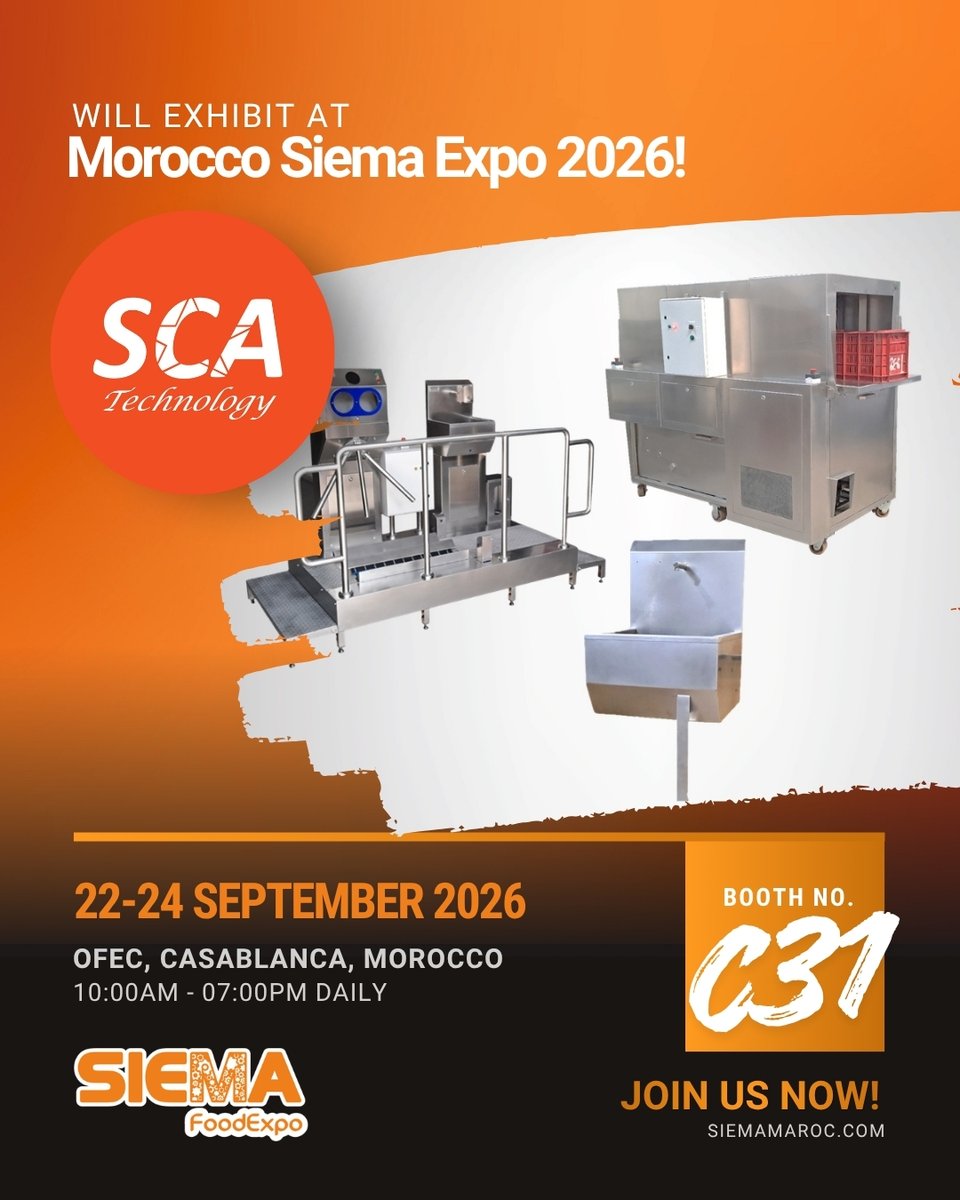FoodExpoMorocco's tweet photo. SCA Technology at Morocco Siema Expo 2026!
๐ Booth C31 | Sept 22โ24 | Casablanca
Discover industrial hygiene solutions for food processing facilities.
๐ https://t.co/SMkFz7UtXx
#SIEMAMaroc2026 #SCATechnology #FoodProcessing #IndustrialHygiene https://t.co/gpAYAYUFeH