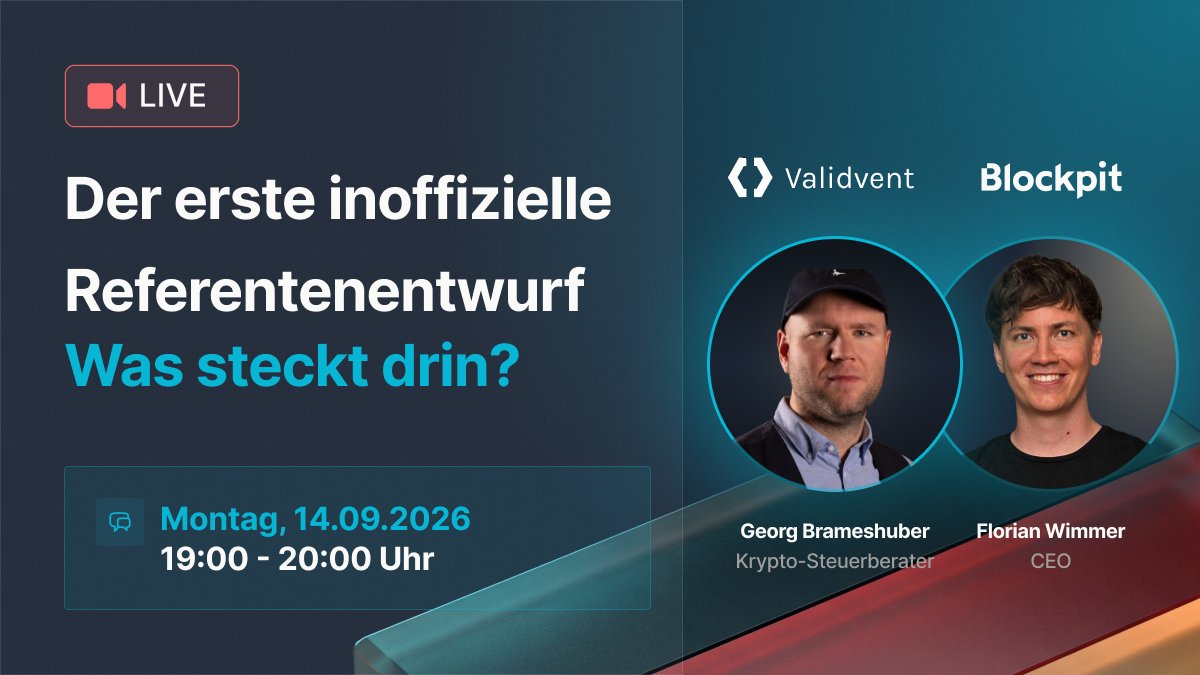 blockpit_io's tweet photo. Heute Abend, 19 Uhr 🔴

Georg Brameshuber & Blockpit-CEO Florian Wimmer ordnen den ersten inoffiziellen Referentenentwurf zur Krypto-Steuer ein, mit Erfahrung aus Österreich.

Live-Chat für eure Fragen. Kein Gesetz, aber gute Diskussionsgrundlage.

Anmeldung: https://t.co/BJUO3kZiz5