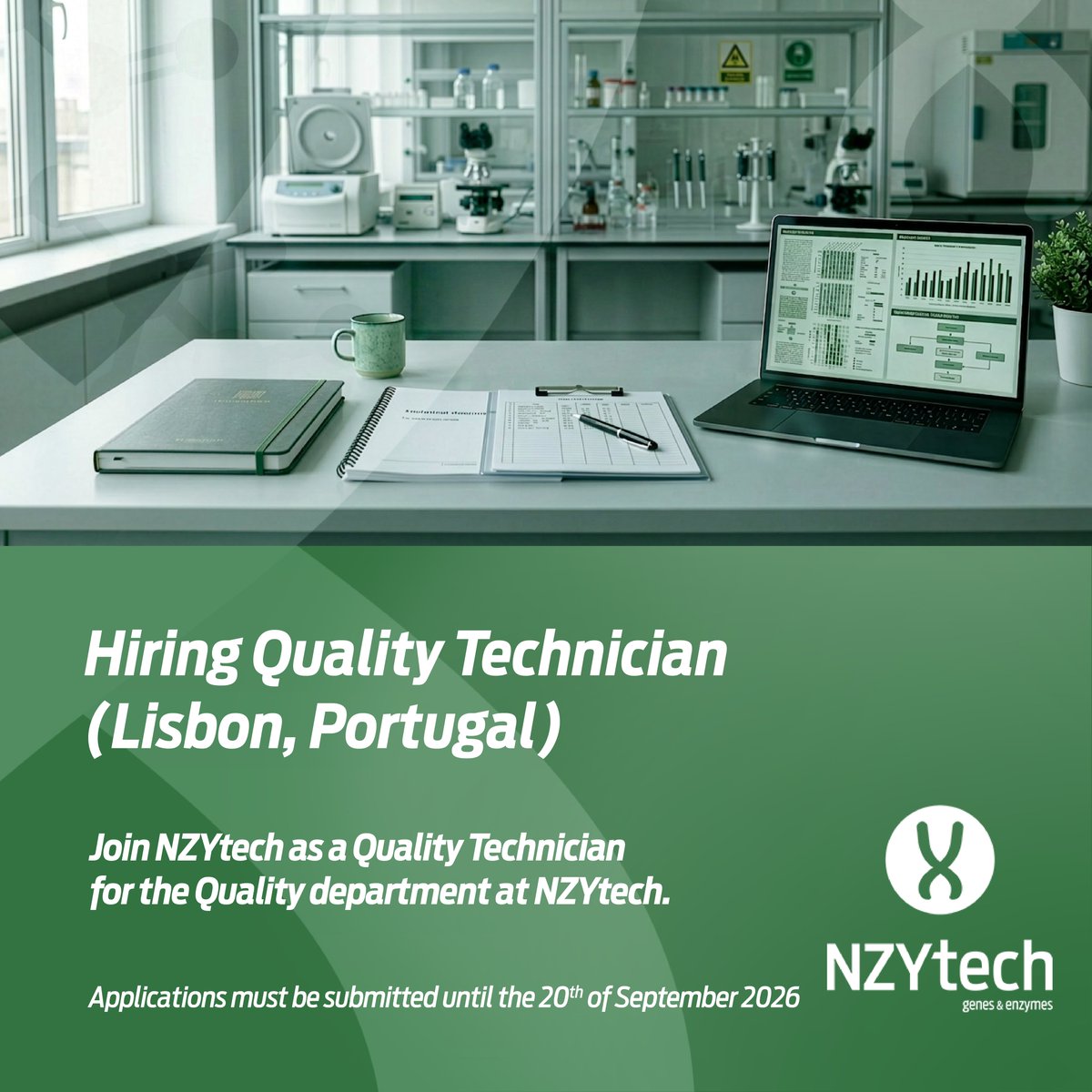 NZYTech's tweet photo. NZYtech is hiring a Quality Technician to join its Quality &amp; Regulatory Affairs team in Lisbon.

Applications close on 20 September 2026.

Learn more and apply at 
https://t.co/D5b46x6TVo https://t.co/E8ndPdan46