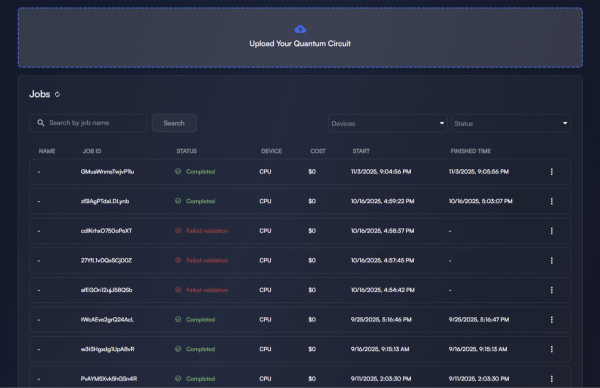 BlueQubitIO's tweet photo. 📋 Every run lands in one place.
Playground, Hybrid Notebooks, SDK — all of it shows up in the Jobs dashboard with live status.
✅ Completed, queued or failed
🖥️ QPU, CPU or GPU
💲 Cost per job
⏱️ Start & finish times
👉 https://t.co/Wy0V06kysV
#QuantumComputing #BlueQubit #Qiskit