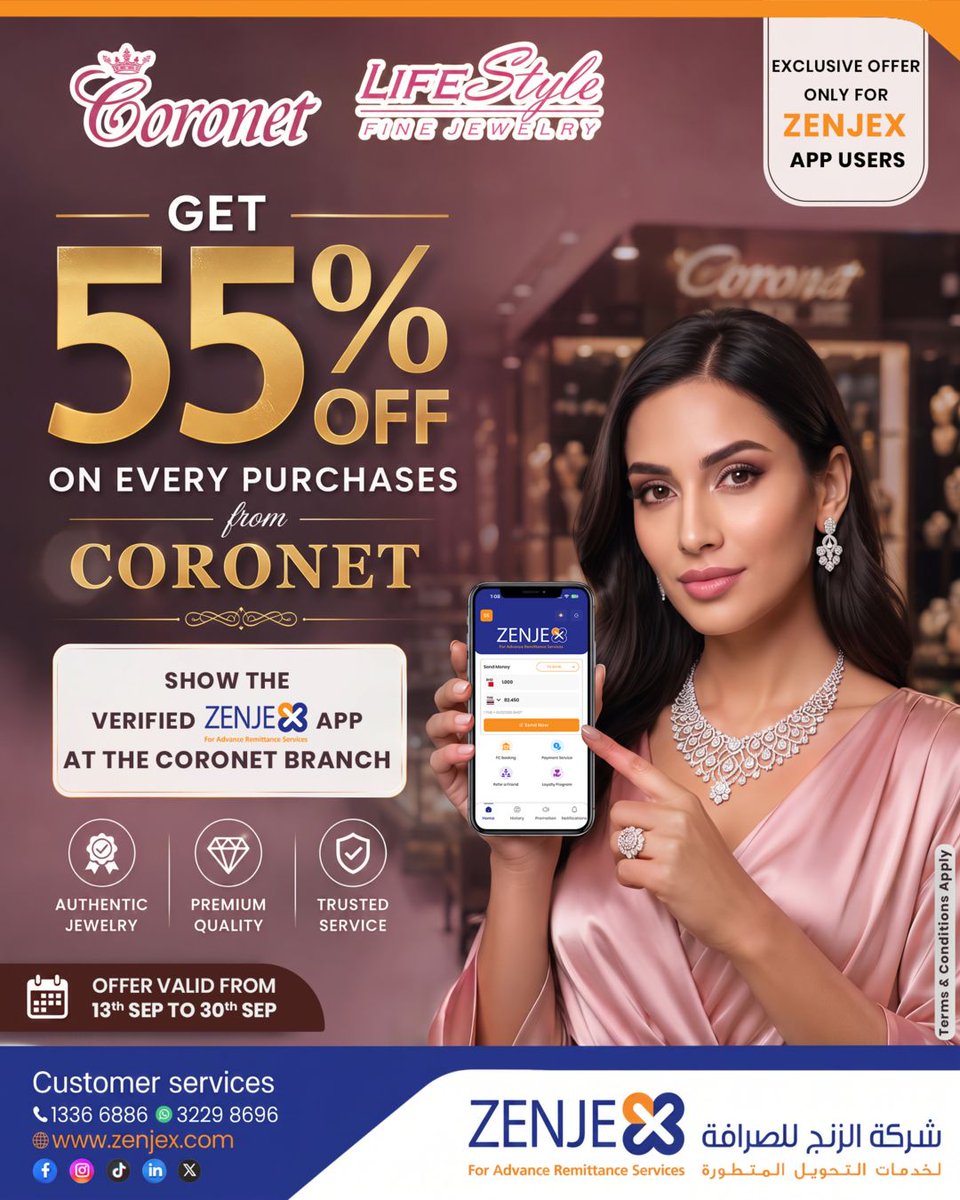 ZenjexExchange's tweet photo. ✨ EXCLUSIVE FOR ZENJEX APP USERS! 
Your ZenjEx app comes with an extra sparkle! 
Enjoy an incredible 55% OFF on every purchase at Coronet Lifestyle Fine Jewelry — exclusively for ZenjEx App Users. ❤️
Simply show your verified ZenjEx App at the Coronet branch https://t.co/iqUMeH6MVu