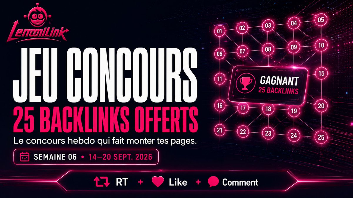 LemmiLink's tweet photo. 🎁 25 BACKLINKS OFFERTS

Semaine 6 du concours hebdo. 25 liens pour faire monter tes pages, sans sortir un euro. 🔗

Pour participer :
❤️ Like ce post
🔁 RT
💬 Commente « LEMMILINK »

📅 Du 14 au 20 septembre. Tirage dimanche soir.

👉 https://t.co/O8CeA8Qkv8 https://t.co/lycN9BjnuM