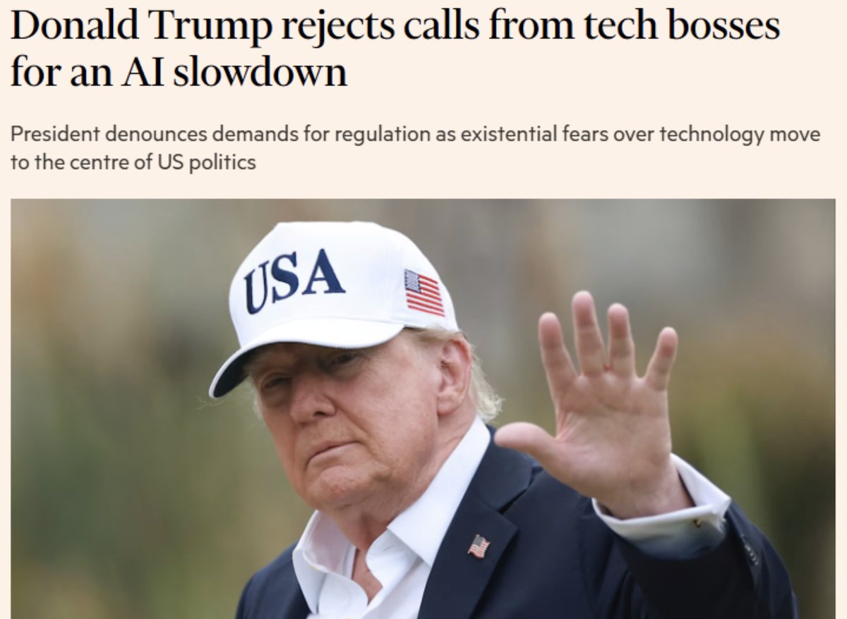 K25dotai's tweet photo. 🚨President Trump has now officially rejected Dario Amodei, Sam Altman and Elon Musk's call to slow frontier AI.  

Speaking in Dublin today, Trump said the US cannot risk losing its lead over China, dismissing parts of the safety push as 'negative forces' warning about 'things that won't happen.'  

Amodei, Altman and Musk are voluntarily asking to slow down.  

Trump's answer is no. Cooked we are?