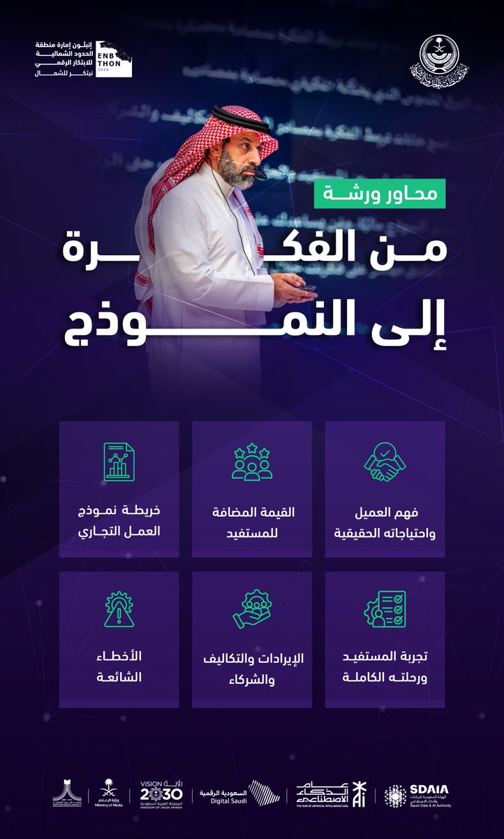 Enbthon's tweet photo. "من الفكرة إلى نموذج العمل".. أستاذ نظم المعلومات المشارك من جامعة الجوف الدكتور حمود هليل الرمال الشمري، يتحدث خلال ورشة عمل في #إنبثون_امارة_منطقة_الحدود_الشمالية حول كيفية تحويل الفكرة إلى نموذج عمل يخلق قيمة حقيقية للمستفيد. https://t.co/PJec2KXKq1