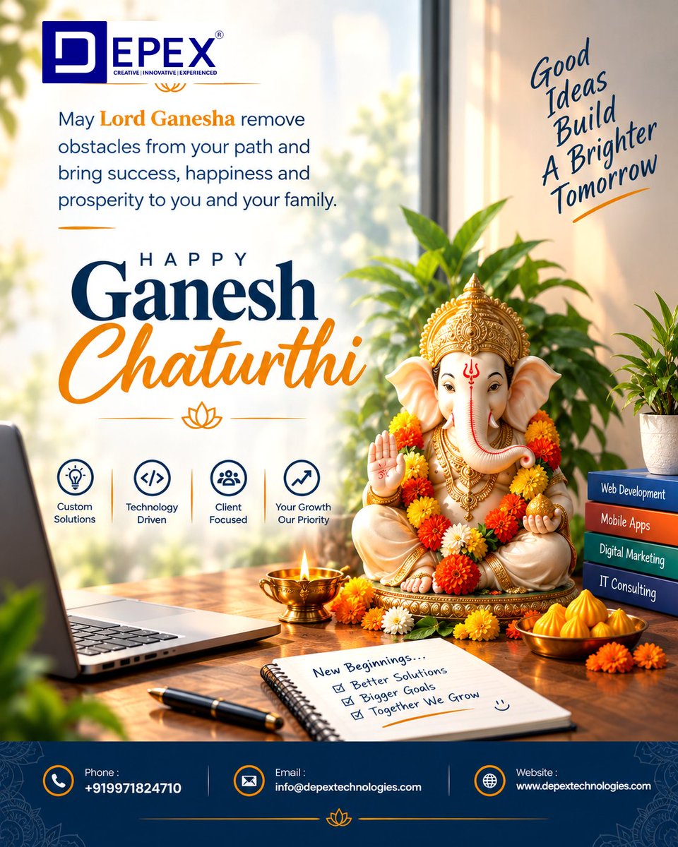 DepexTech's tweet photo. 🐘✨ Ganpati Bappa Morya! 🙏

May Lord Ganesha remove every obstacle, bring wisdom to every decision, and fill your journey with success, happiness &amp; prosperity.

Happy Ganesh Chaturthi! ❤️

#GaneshChaturthi #GanpatiBappaMorya #Ganpati #GaneshUtsav #HappyGaneshChaturthi https://t.co/cVnNPnV07u
