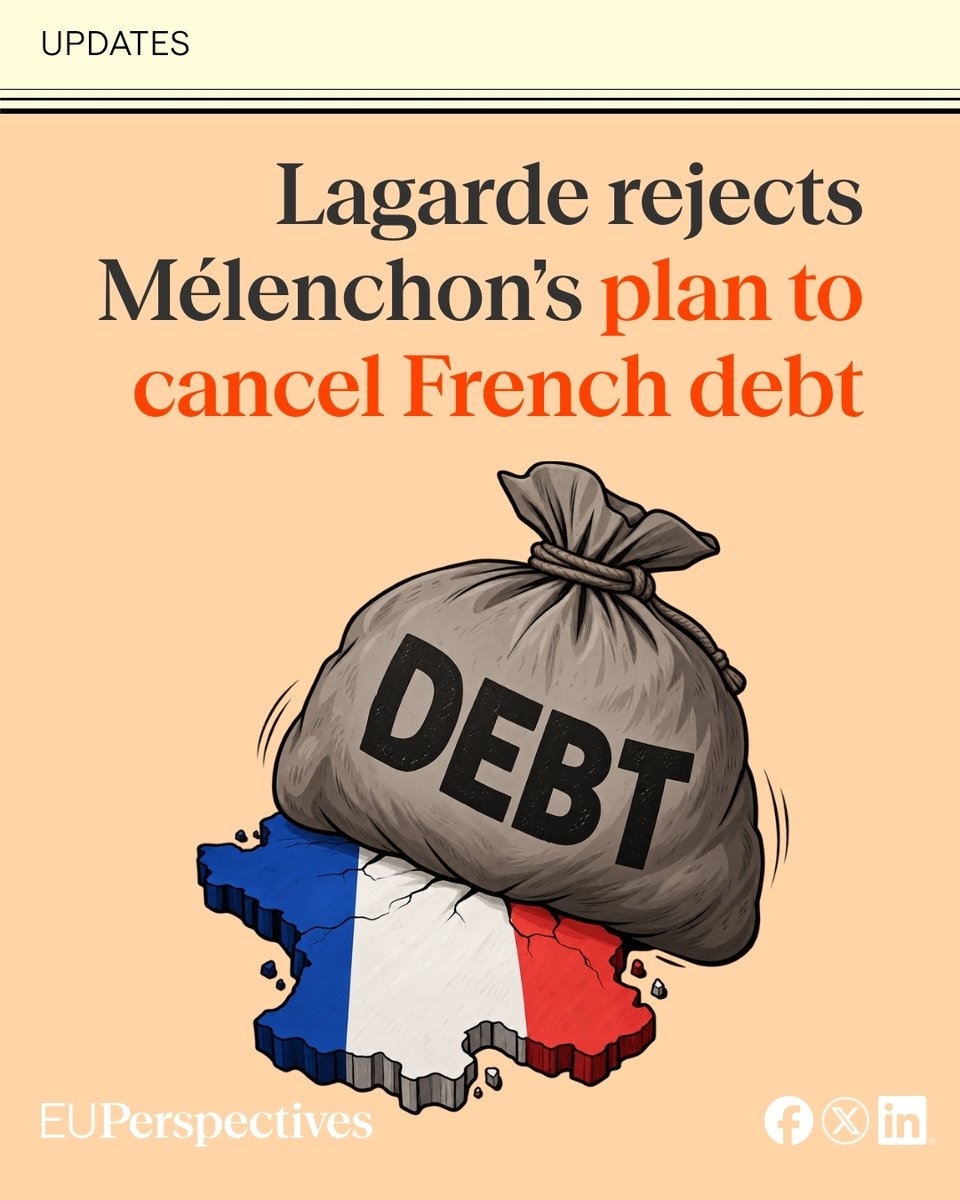 EUPerspectives's tweet photo. France’s debt burden is back in focus. 👉
https://t.co/yuuqgLP65R 
Jean-Luc Mélenchon wants part of the country’s public debt cancelled, but ECB President @Lagarde  has rejected the idea, arguing that the debt would not simply disappear and that such a move could undermine market confidence.
The clash highlights a wider debate over how France should deal with high debt and rising borrowing costs.