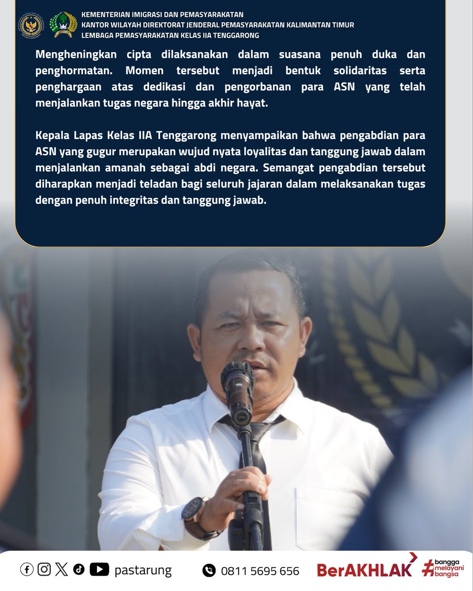 pastarung's tweet photo. 🕊️ Mengheningkan Cipta untuk ASN yang Gugur di Jayawijaya

Senin, 14 September 2026, Kalapas Kelas IIA Tenggarong memimpin jajaran dalam mengheningkan cipta sebagai bentuk penghormatan dan penghargaan kepada ASN yang gugur dalam menjalankan tugas di Jayawijaya. https://t.co/yfz7SiMj9R