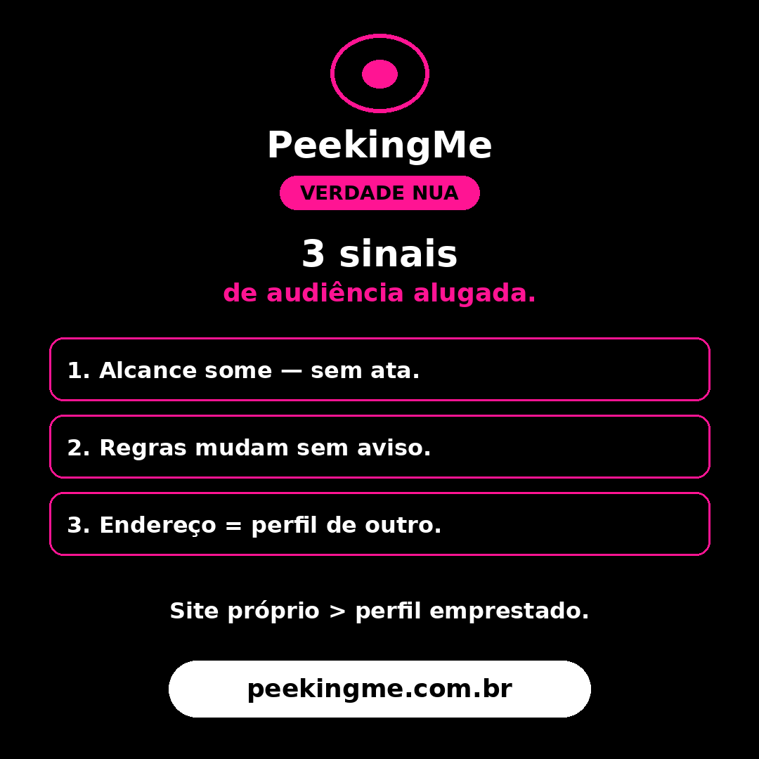 peekingme's tweet photo. 3 sinais de que você aluga audiência:

1. O alcance some e você não tem ata.
2. As regras mudam sem te avisar.
3. Seu “endereço” é o perfil de outro.

Site próprio > perfil emprestado. Bio.

#VerdadeNua #SiteProprio #PeekingMe https://t.co/LgSxOaoGSo