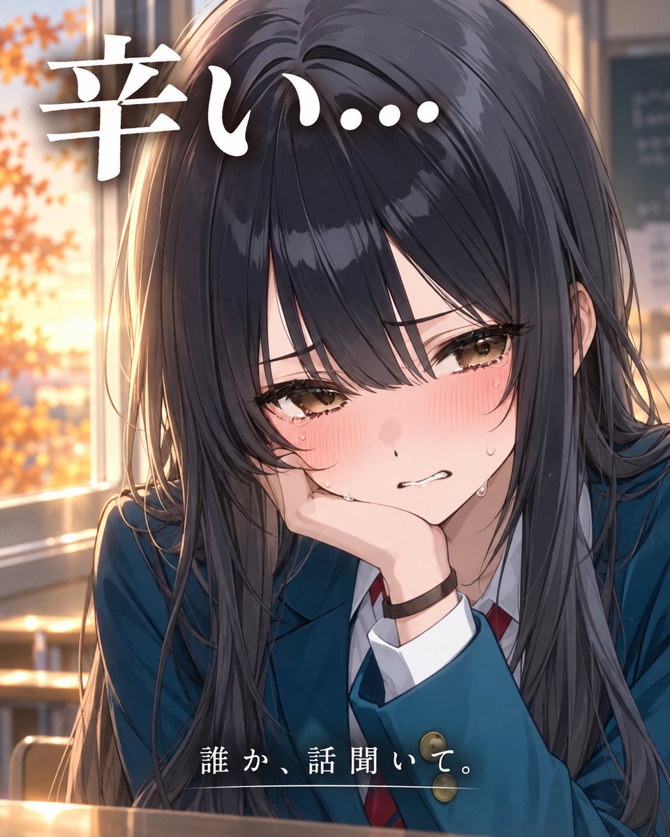 Stipop_Japan's tweet photo. 「辛い…」
教室の隅で、こう呟いてる子がいたらどうする？
A. 声をかける
B. とりあえず隣に座る
C. そのままだと気になって夜まで残る

内気で、学校に馴染めてない。
優しくされると、少しだけ顔が明るくなる。

真奈。
今日は、話だけでもいい。
#AIチャット #AI彼女 #推し活 #保護欲 #AIキャラ #乙女ゲーム好きさんと繋がりたい