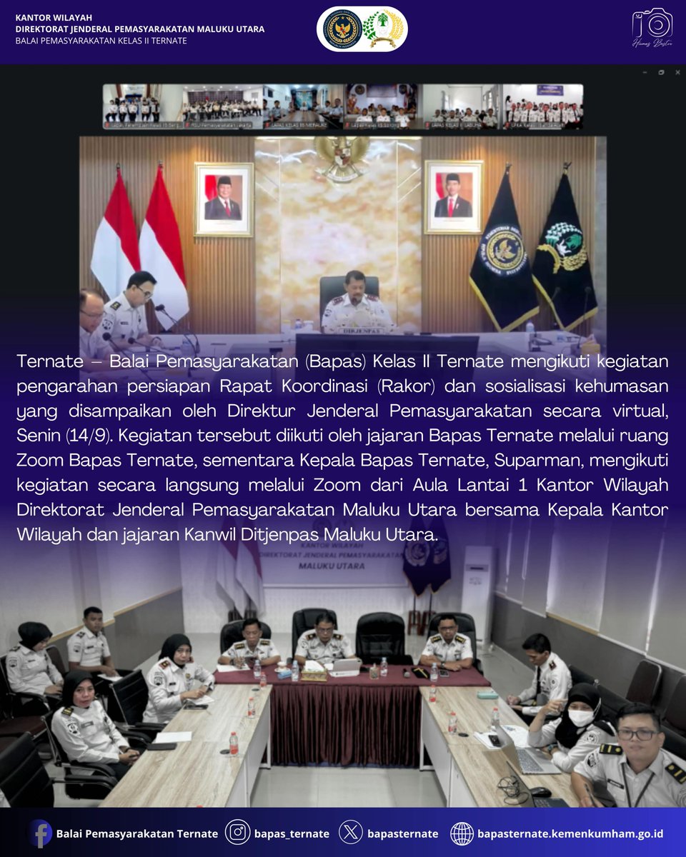 bapasternate's tweet photo. Bapas Ternate Ikuti Pengarahan Persiapan Rakor dan Sosialisasi Kehumasan oleh Direktur Jenderal Pemasyarakatan

#kemenimipas
#guardanguide
#infoimipas
#bapasternate
#humasbapasternate https://t.co/PJnMGqgE3W