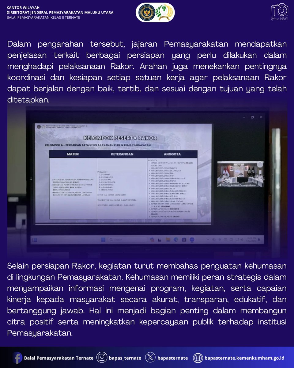 bapasternate's tweet photo. Bapas Ternate Ikuti Pengarahan Persiapan Rakor dan Sosialisasi Kehumasan oleh Direktur Jenderal Pemasyarakatan

#kemenimipas
#guardanguide
#infoimipas
#bapasternate
#humasbapasternate https://t.co/PJnMGqgE3W