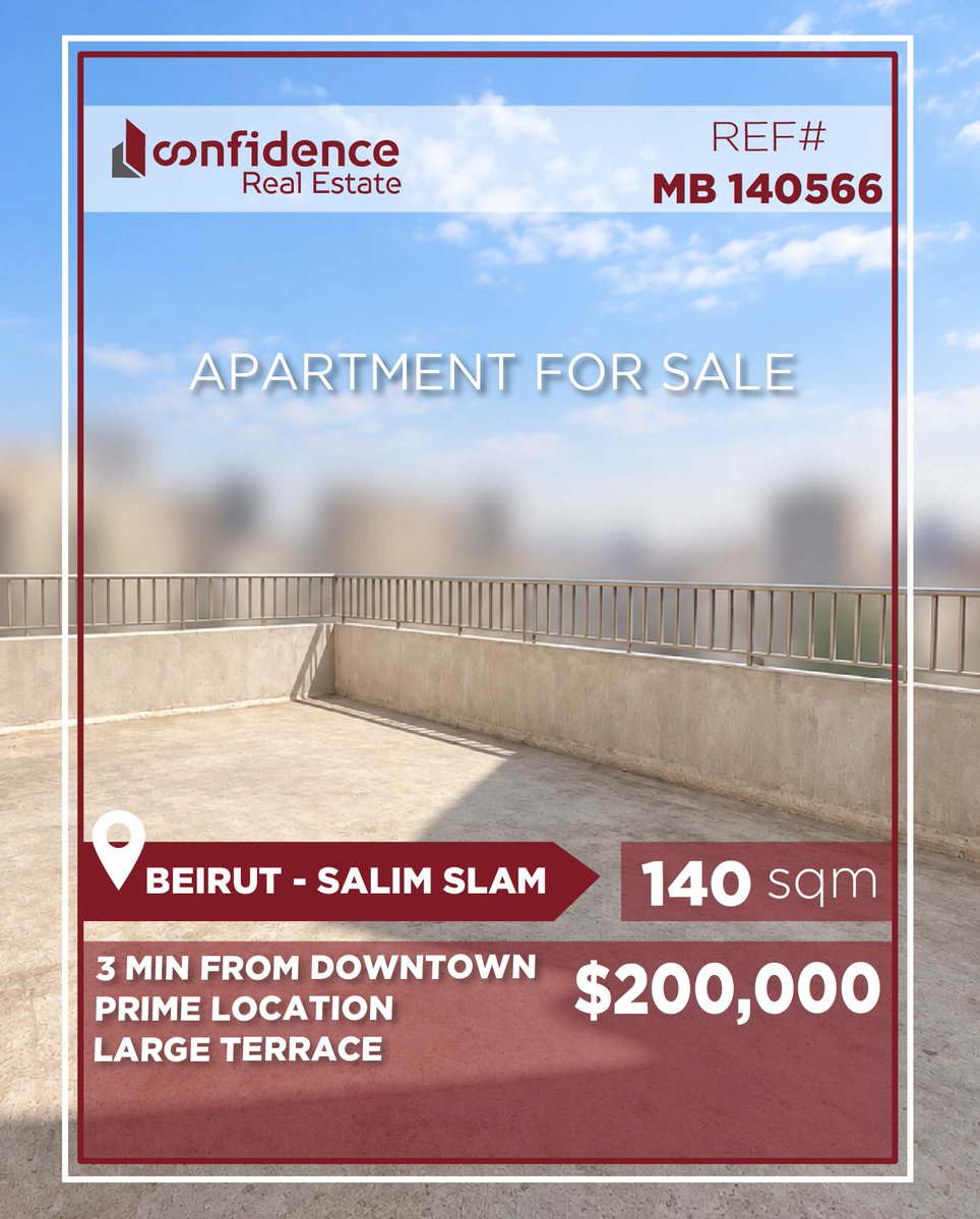 confidence_cre's tweet photo. $200,000+ 2.5% commission
Terrace - Apartment for Sale in Salim Salam, Beirut | 111 SQM + 80 SQM Terrace | Open View
For more information, photos, or to schedule a private viewing, please contact us 71 000 850
REF#MB140566
#SalimSalam #SalimSalamLebanon #SalimSalaM
#CONFIMB
S https://t.co/CF7aHuxGxr