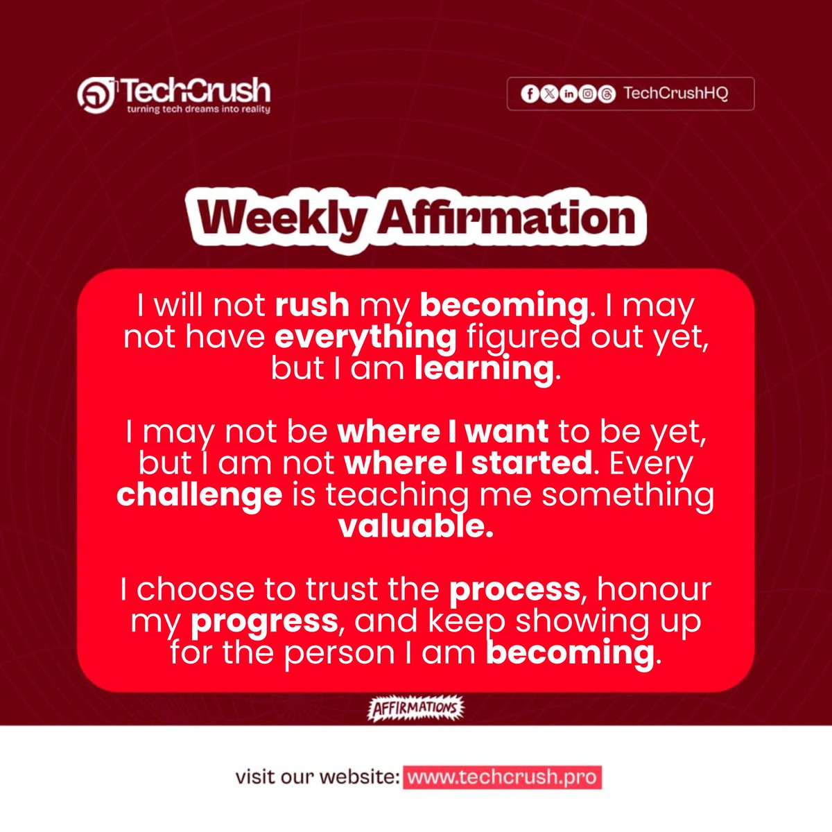 TechCrushHQ's tweet photo. Some weeks are all about winning big. Some weeks are just about putting in the effort, and that’s all that matters.

Recognize how much you have already accomplished. Everything you are learning is contributing to your development in some way.

Continue to trust the process. Your growth is happening at the right speed, and your becoming is something to be celebrated. ✨
#techcrush #weeklyaffirmation