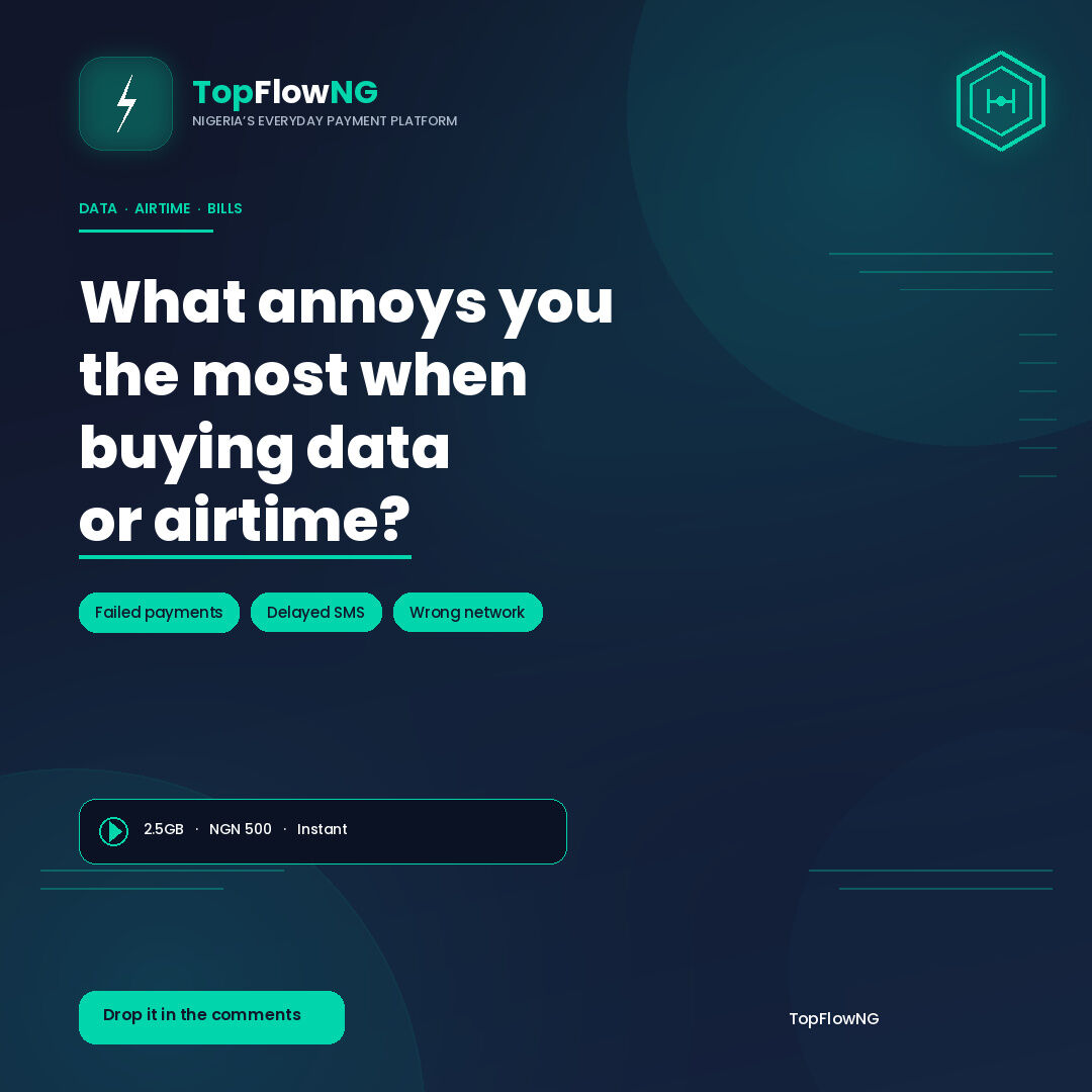 TopflowNG's tweet photo. Let’s talk
What annoys you the most when buying data or airtime?
Slow transactions?
Failed payments?
Network wahala?
Hidden charges?
Everyone has that one thing that gets on their nerves.
👇 Tell us your biggest frustration in the comments.
#TopFlowNG #VTUNigeria #NoDelay #DataIs https://t.co/w8xkHBzGBo