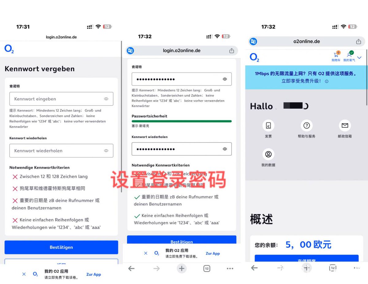 登录成功查看到 5 欧余额