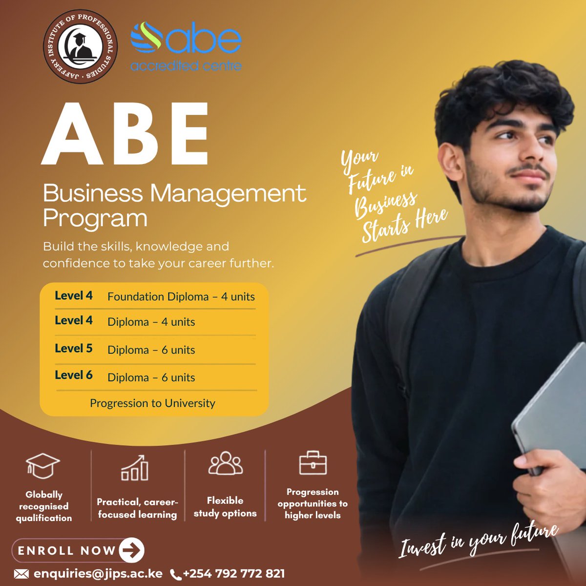 JIPSkenya's tweet photo. 🚀 Ready to take your business career to the next level?

The ABE Business Management Programme at Jaffery Institute of Professional Studies gives you a clear pathway from Certificate to Diploma levels — helping you build practical business knowledge and skills for your future. https://t.co/mKxDnGLPiM