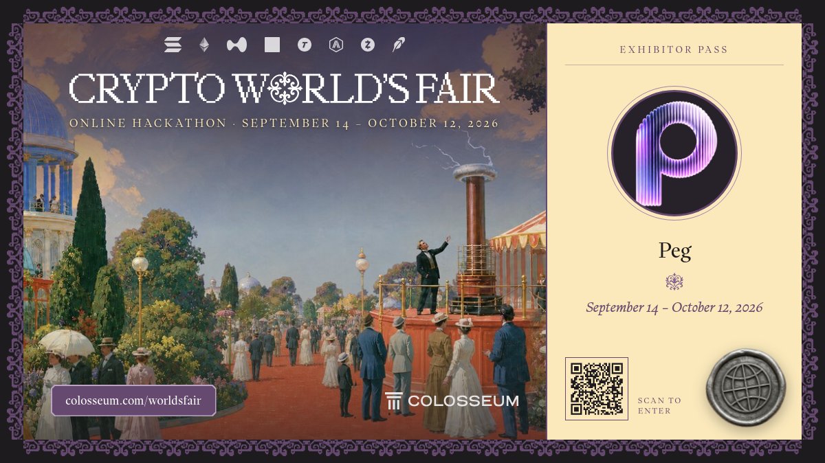 use_peg's tweet photo. Happy to join the Crypto World's Fair Hackathon, powered by @Colosseum!

https://t.co/xeruSQSYVd https://t.co/ZL3b2DiRRW