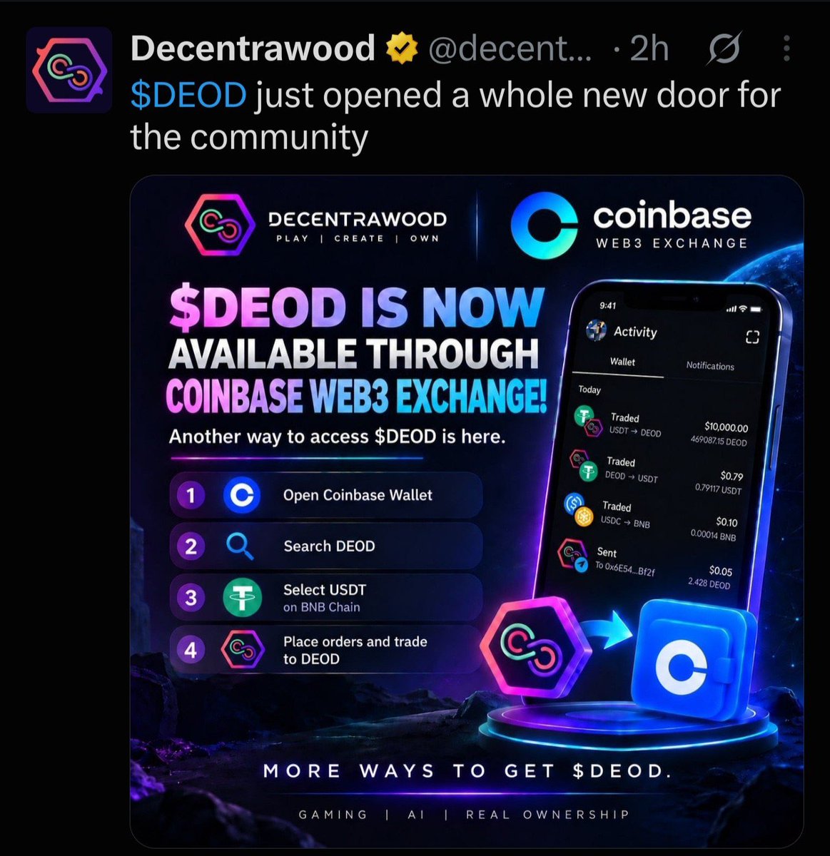 cryptoxlarg's tweet photo. 🚨 $DEOD IS BREAKING OUT I’M BUYING on MEXC

This is the setup I’ve been waiting for. 🔥 @decentrawood

Ascending triangle + breakout + HUGE volume.

The sellers are getting absorbed 

💰 I’m in with a $17,000 position.
🟢 Buy zone: $0.021–$0.022
🎯 TP1: $0.034
🚀 TP2: $0.040

My previous $DEOD trades have played out 🚀

And there’s a fundamental angle too: $DEOD is live on Coinbase Web3 exchange, giving the token additional accessibility and exposure. 

Strong technical setup + fundamental catalyst = DEOD is one to watch.

Not financial advice. Trade your own risk.