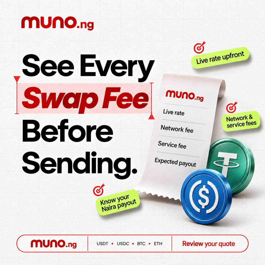 trymuno's tweet photo. Selling USDT or USDC for Naira? Before you send, Muno shows the live rate, network fee, service fee and expected payout separately. Review your quote, understand the deductions, and decide with clarity. Pricing a swap costs nothing. #Cryptocurrency #Usdttonaira #Digitalassets https://t.co/MMGiP5cYEm